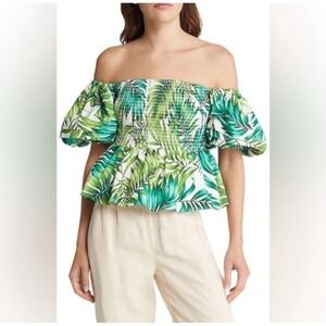 NWT Autumn Adeigbo Marine Top Green Palm Women's Size 4 Puff Sleeves MSRP $540